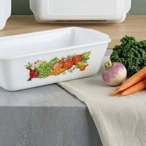 Vtg 70s Cottagecore Garden Vegetable 1.5 Qt Milk Glass Loaf Pan Glasbake J522